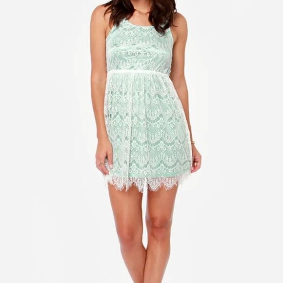 Lulus Others Follow Lana Mint and White Lace Dress Sleeveless Stretch Knit Mini - Picture 16 of 16